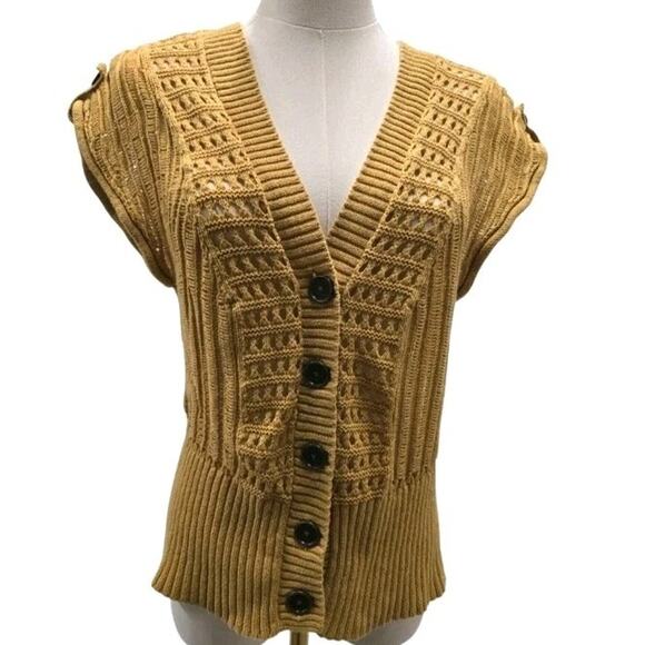 Mudd Womens Chunky Open Knit Cardigan Sweater Sz L Yellow Boho Short Sleeve - Picture 1 of 7